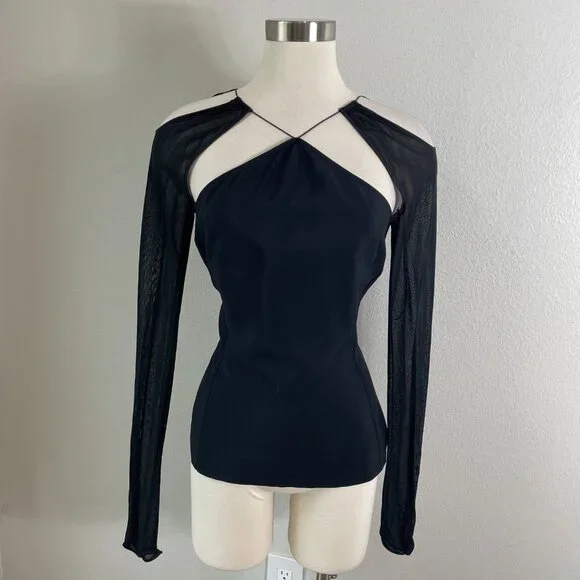 Nensi Dojaka Womens Large Black Sheer Long Sleeve Cutout Top Blouse - Picture 1 of 12